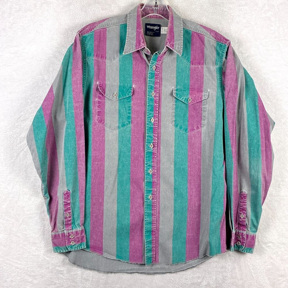 VTG Wrangler Brushpopper Mens 17-37 XL Teal Gray Purple Striped Western Cowboy